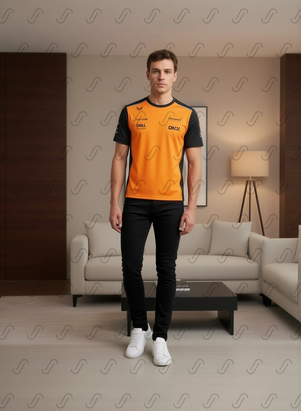 Close-up of McLaren branded shirt showing lightweight fabric detail and iconic motorsport-inspired design