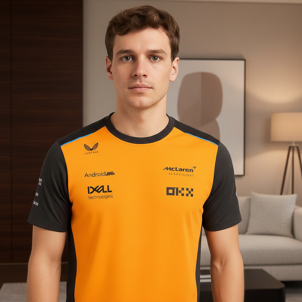 McLaren official fan shirt in signature orange and black colorway with team branding on the front